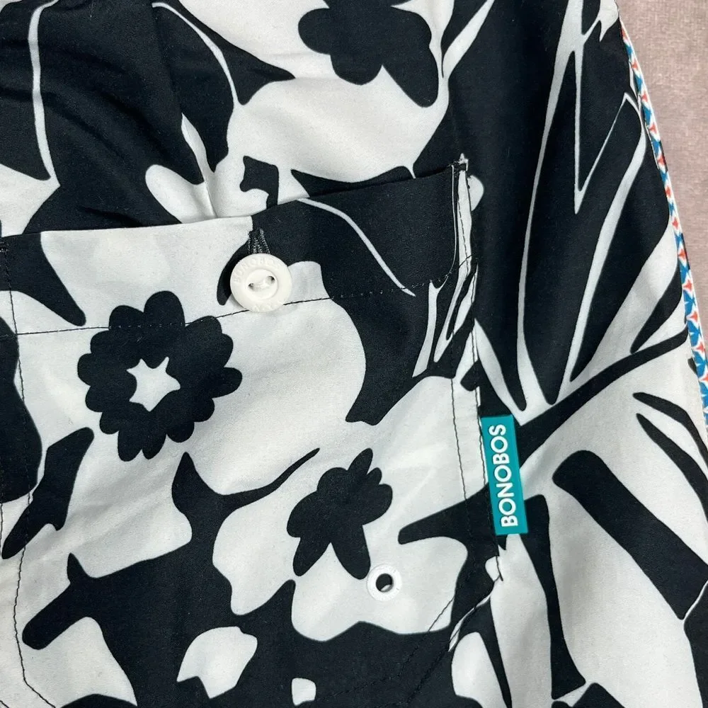 Bonobos‎ Swim Trunks Mens Size 35 Black White Floral Drawstring Lined Pockets